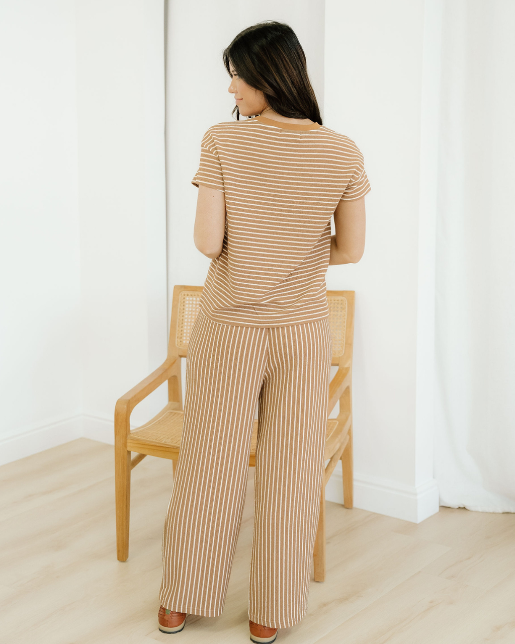 Rowen Stripe Crew Neck Tee Drawstring Waist Cropped Pants Set