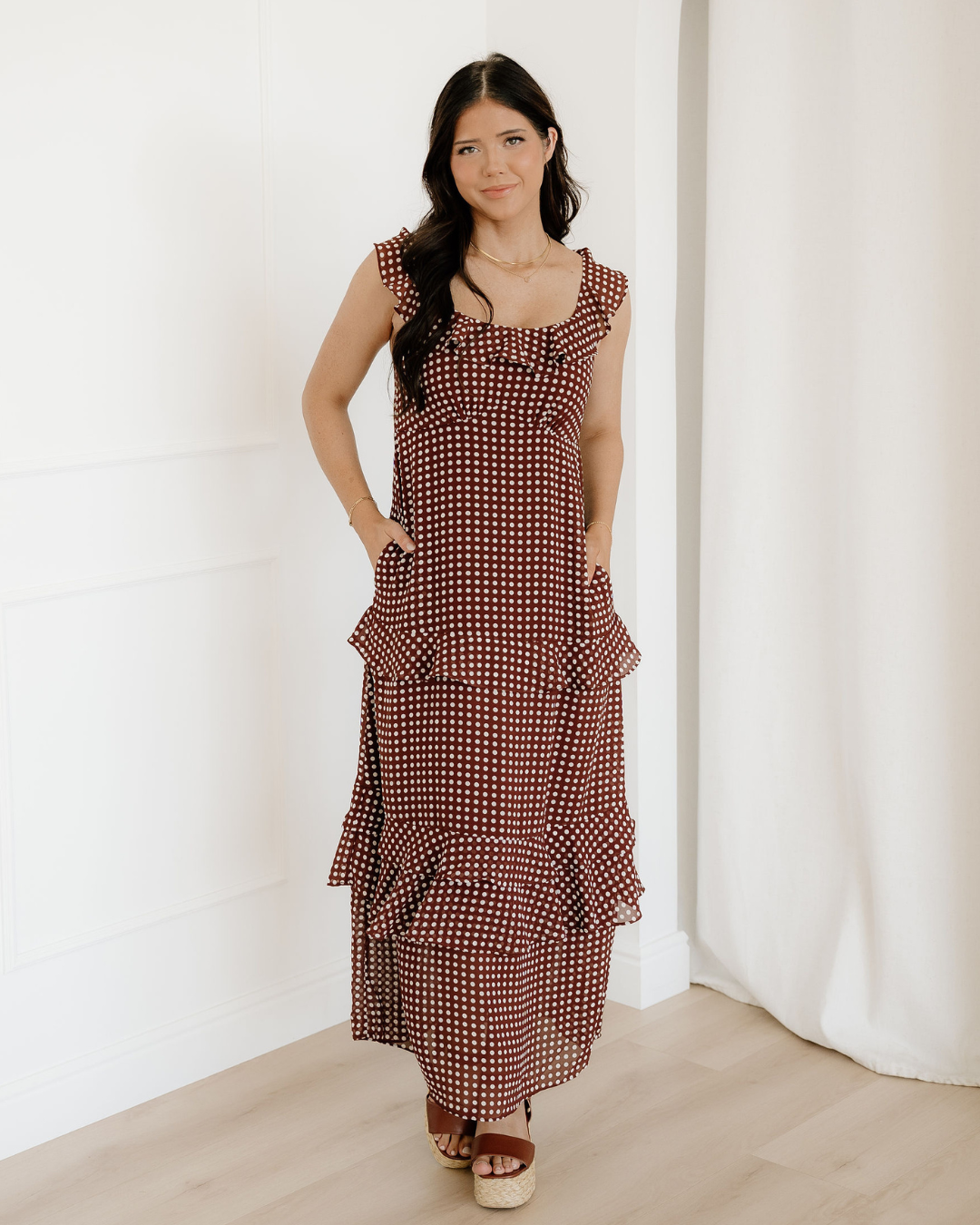 Irene Polka Dot Print Backless Ruffled Tiered Maxi Dress
