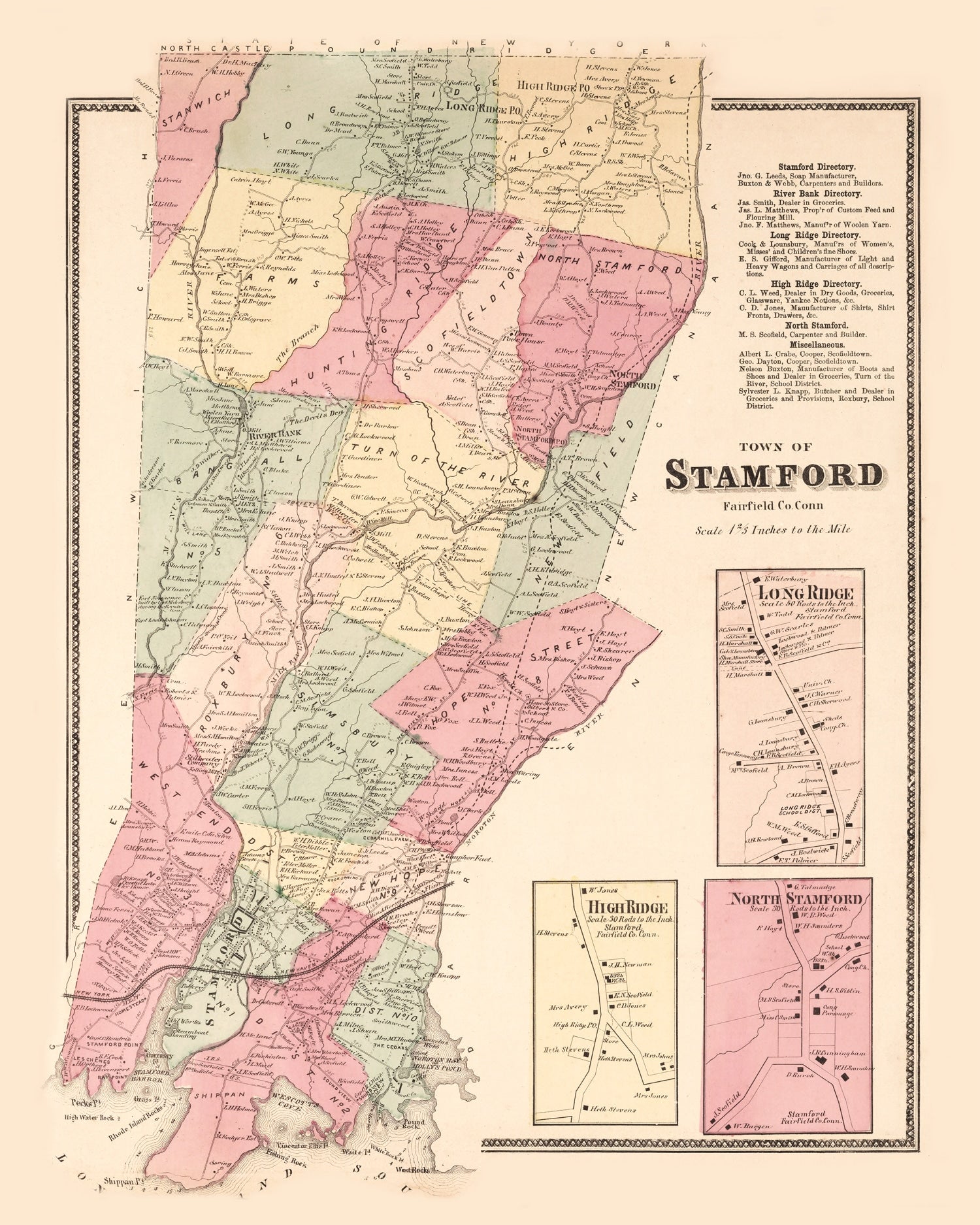 Vintage Map of Long Ridge, Connecticut 1867