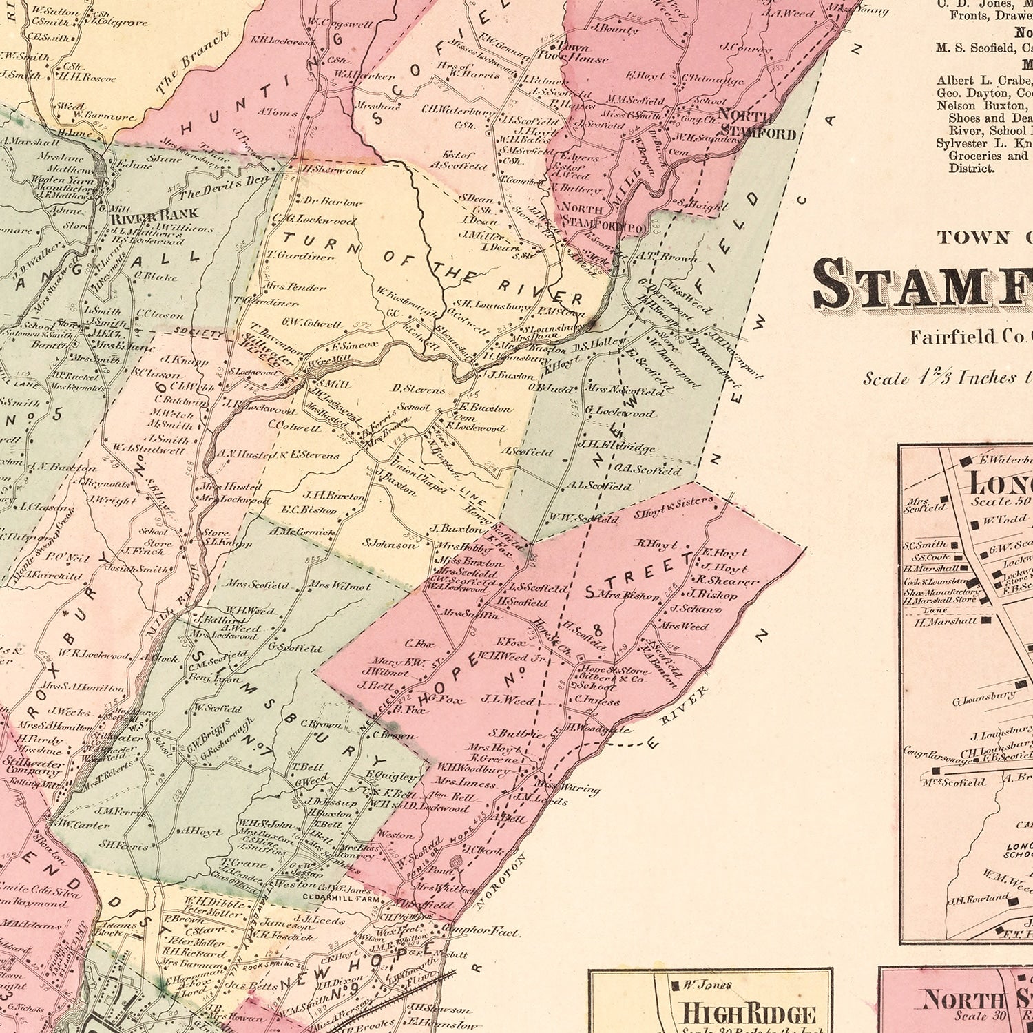 Vintage Map of Long Ridge, Connecticut 1867
