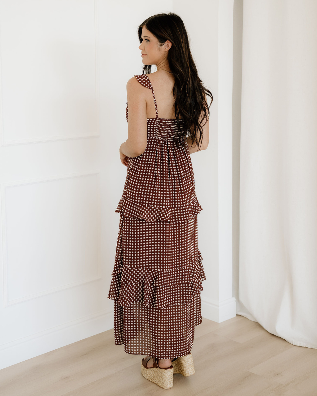 Irene Polka Dot Print Backless Ruffled Tiered Maxi Dress