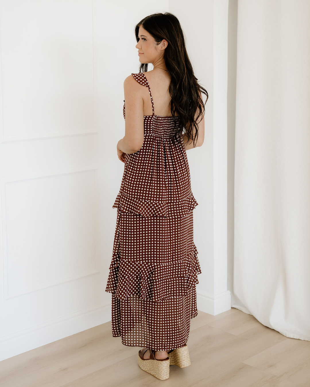 Irene Polka Dot Print Backless Ruffled Tiered Maxi Dress