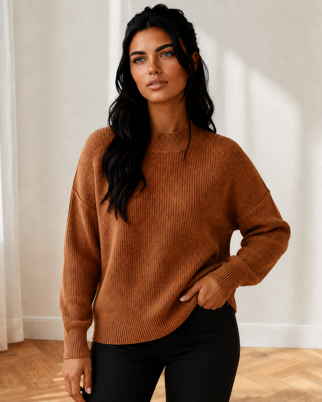 Jen Ribbed Knit Stand Neck Regular Fit Sweater