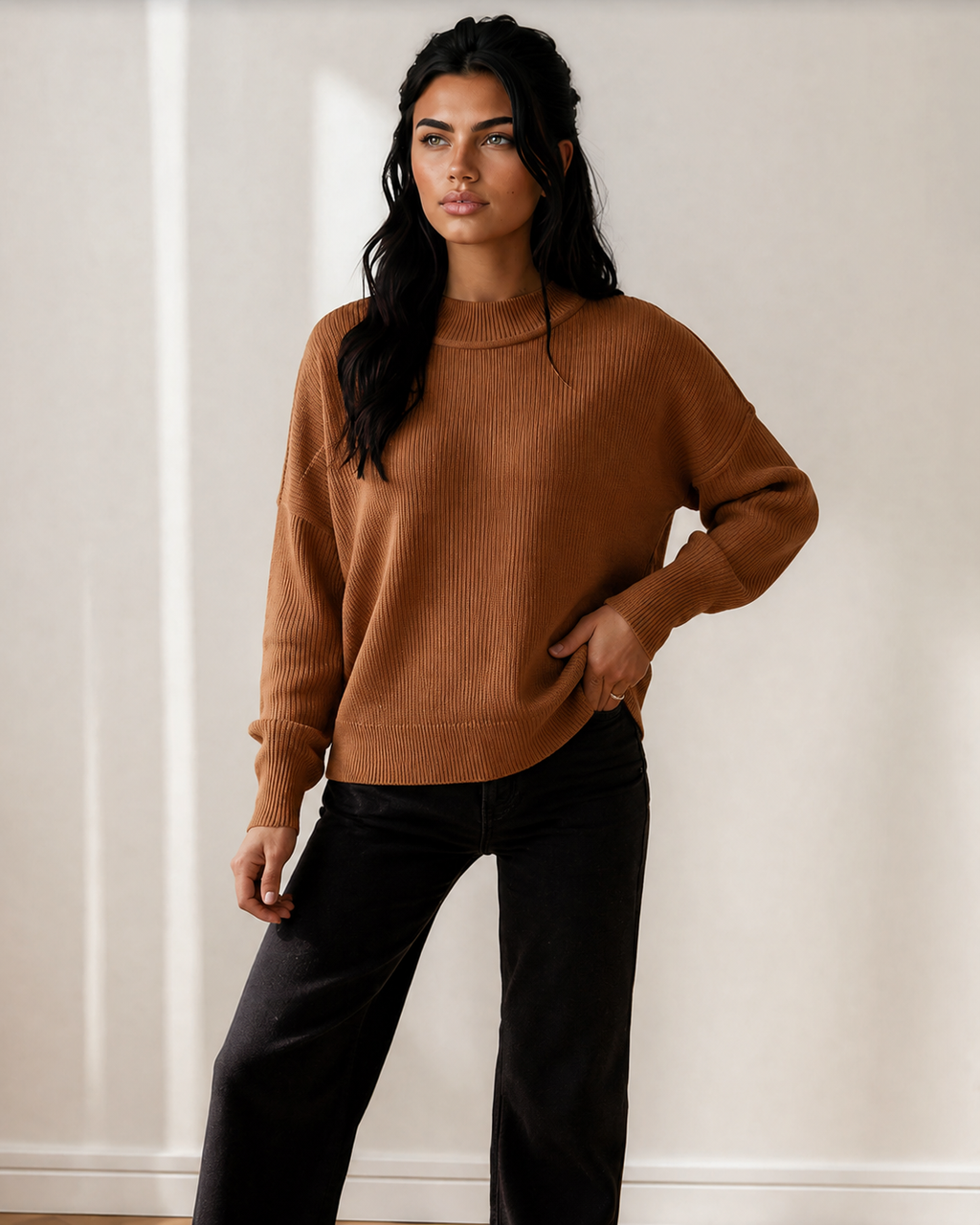 Jen Ribbed Knit Stand Neck Regular Fit Sweater