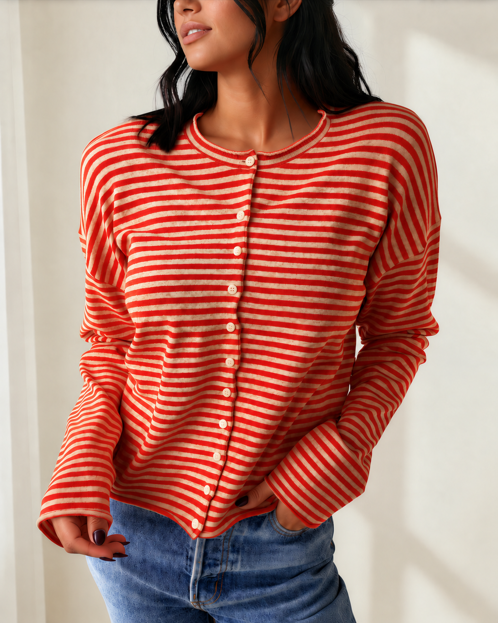 Amelia Striped Button Collar Long Sleeve Knit Cardigan
