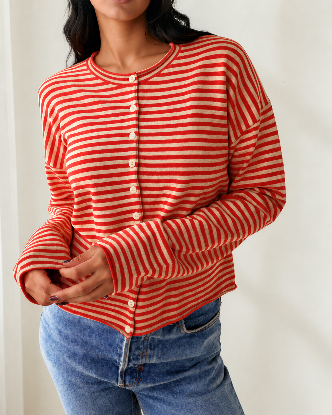 Amelia Striped Button Collar Long Sleeve Knit Cardigan