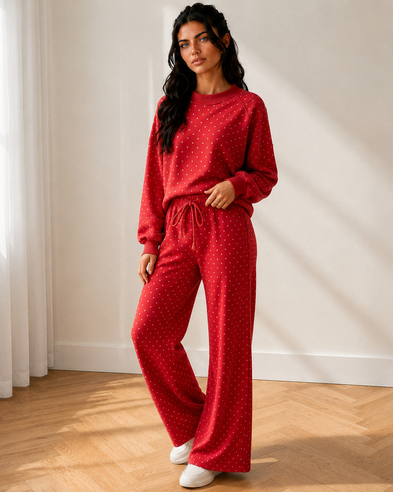 Jane Polka Dot Drawstring Wide Leg Long Sleeve Top Pant Set