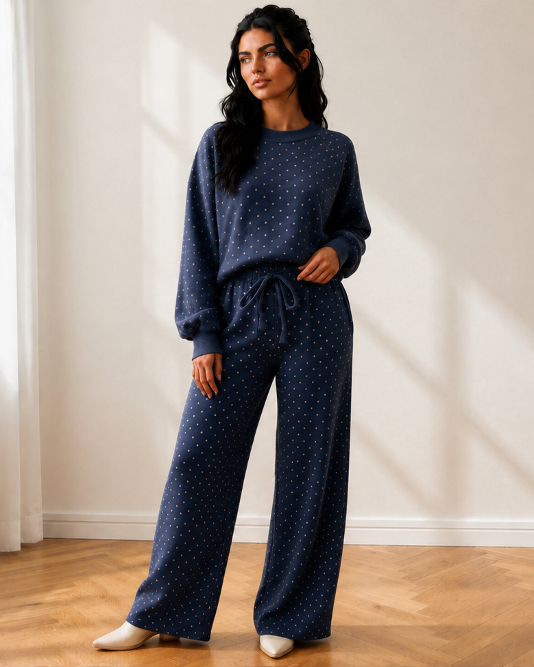 Jane Polka Dot Drawstring Wide Leg Long Sleeve Top Pant Set