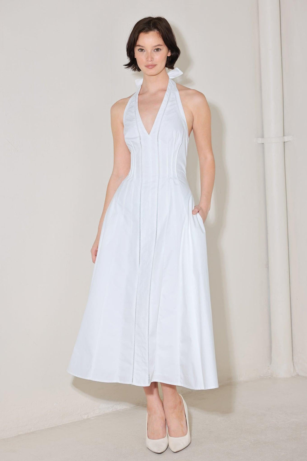 POWDER SKY HALTER WOVEN MIDI DRESS