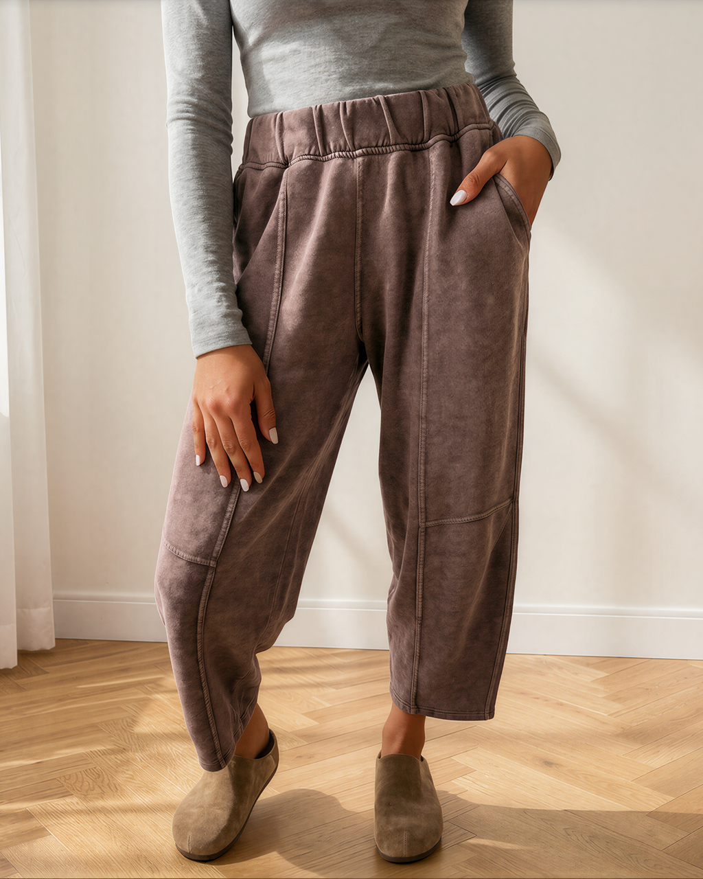 Lola Mineral Wash Seam Detail Elastic Waist Barrel Pants