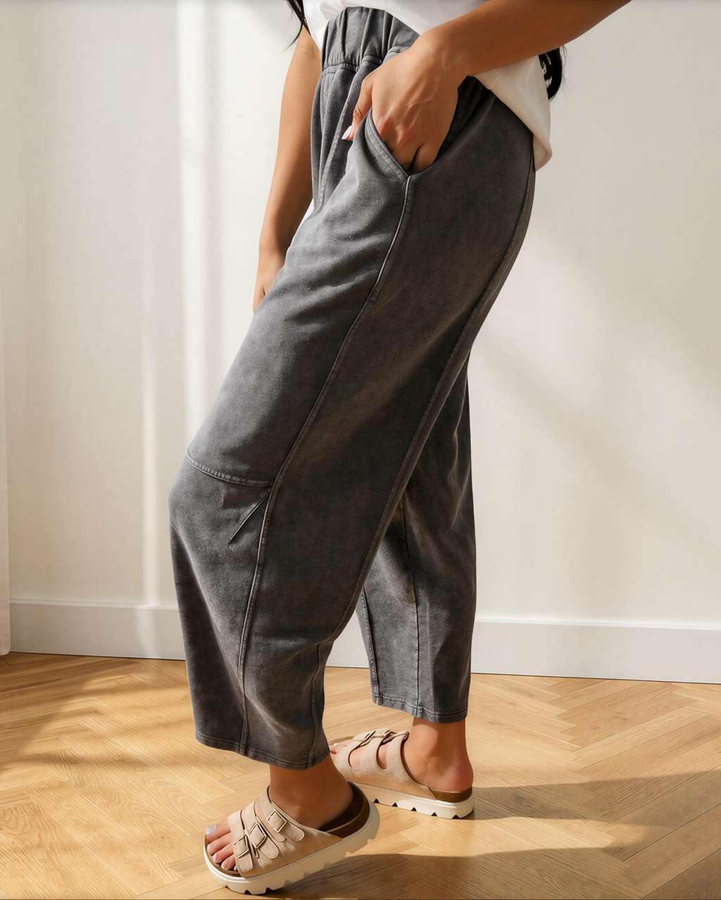 Lola Mineral Wash Seam Detail Elastic Waist Barrel Pants