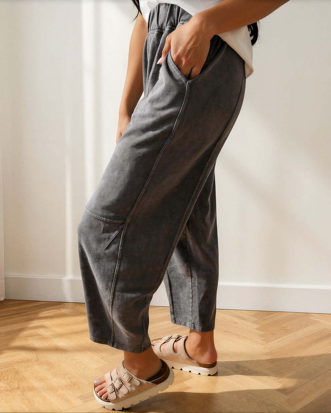Lola Mineral Wash Seam Detail Elastic Waist Barrel Pants