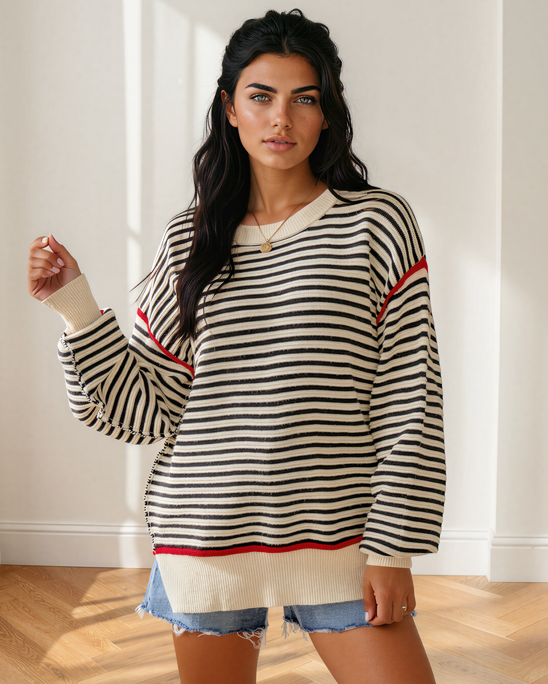 Elle Ribbed Trim Drop Shoulder Oversized Sweater