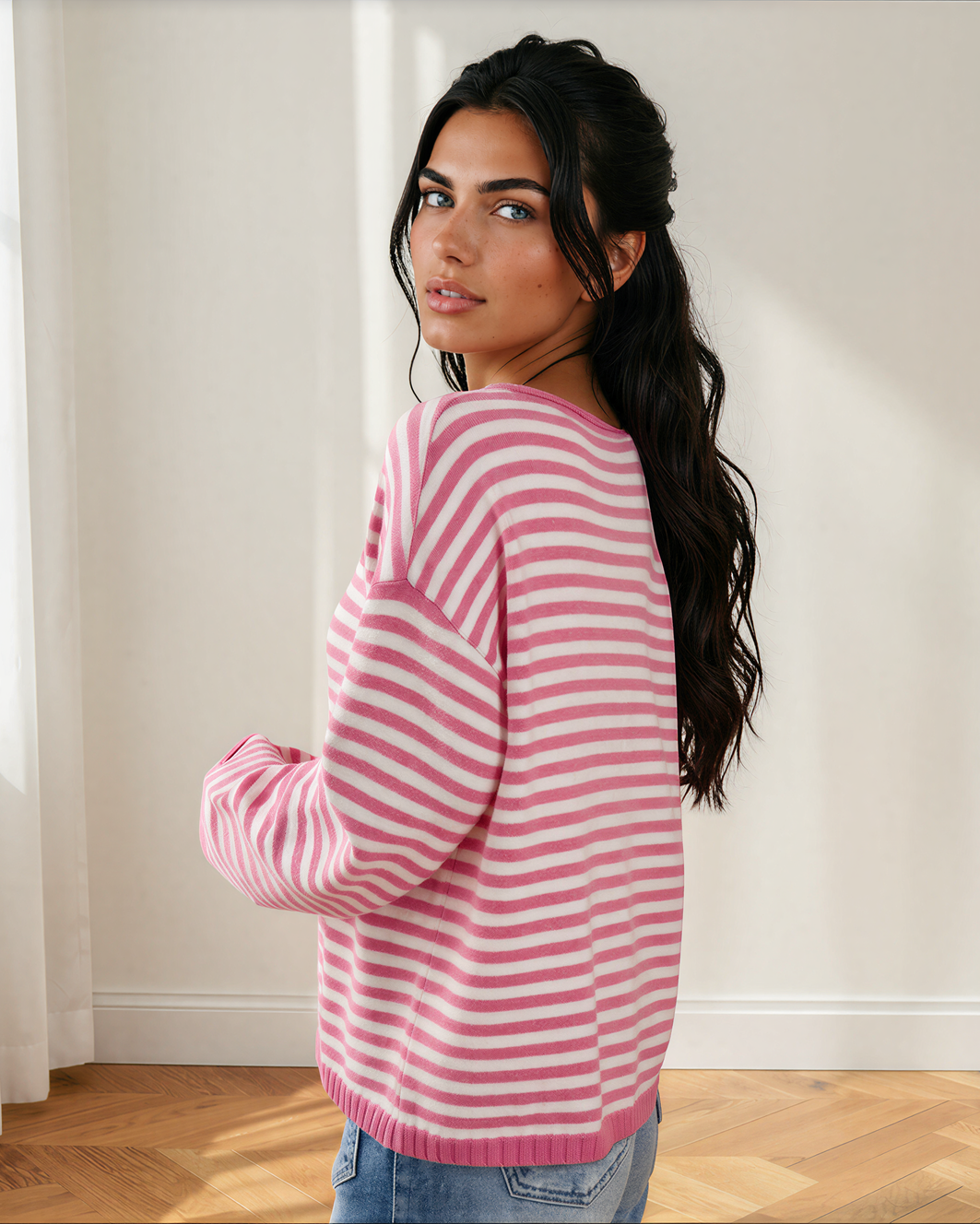 Sophia Button Placket Drop Shoulder Long Sleeve Sweater