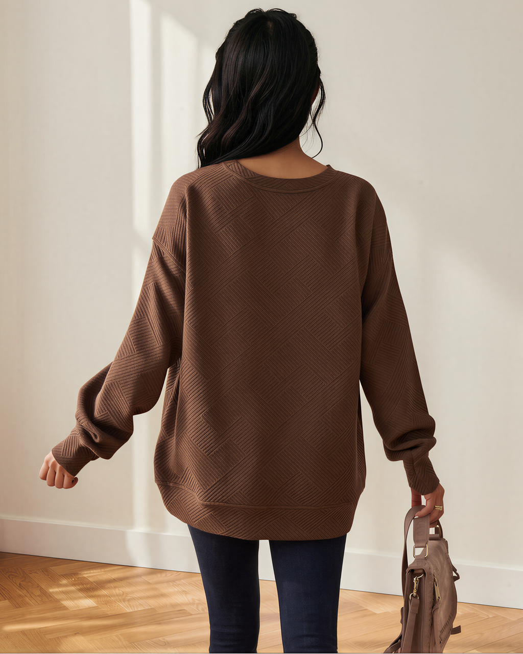 Brynn Textured Round Neck Drop Shoulder Pullover Sweatshirt