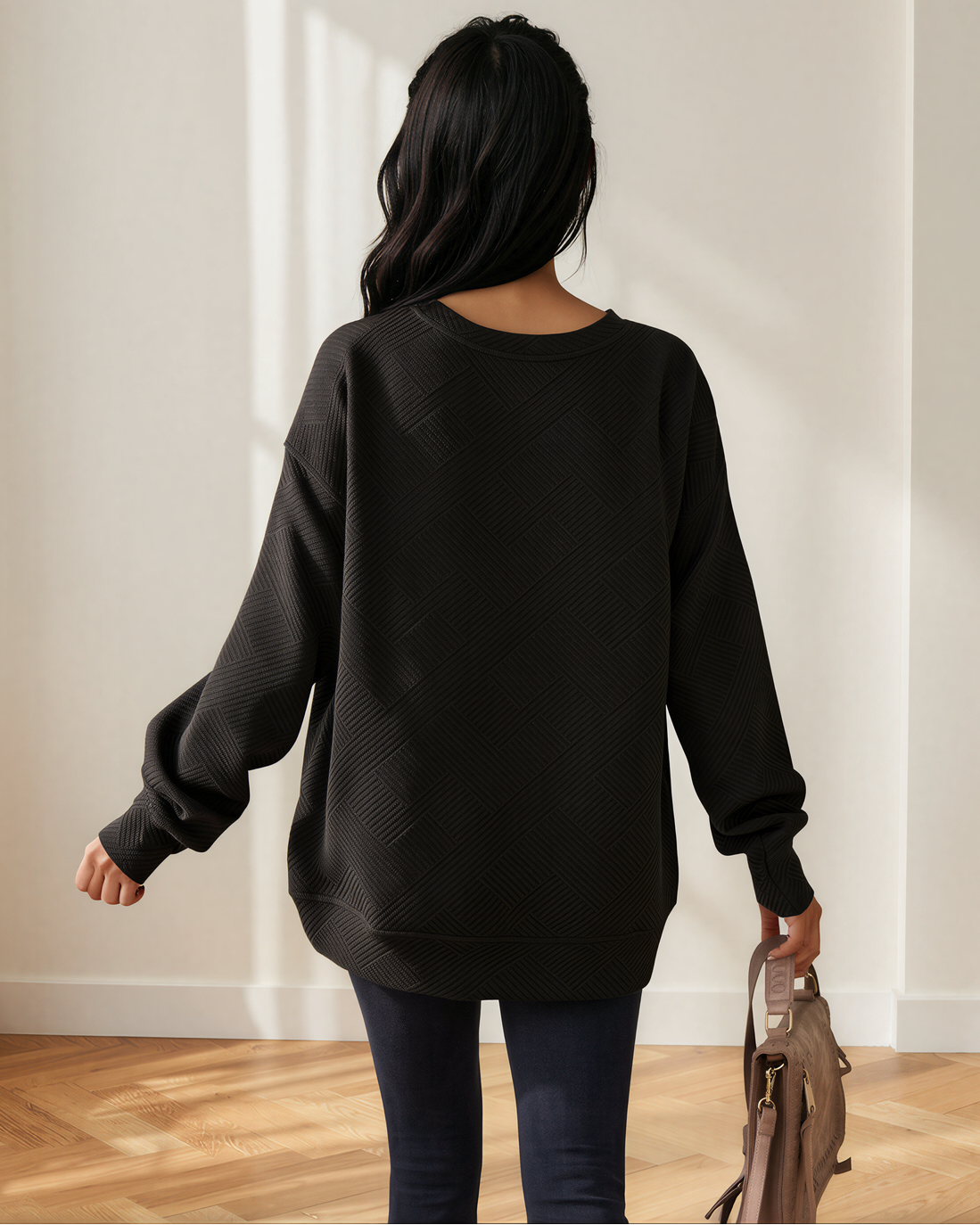 Brynn Textured Round Neck Drop Shoulder Pullover Sweatshirt